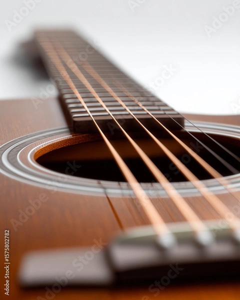 Fototapeta Top View of Acoustic Guitar Strings and Wood Grain Against Clean White Background