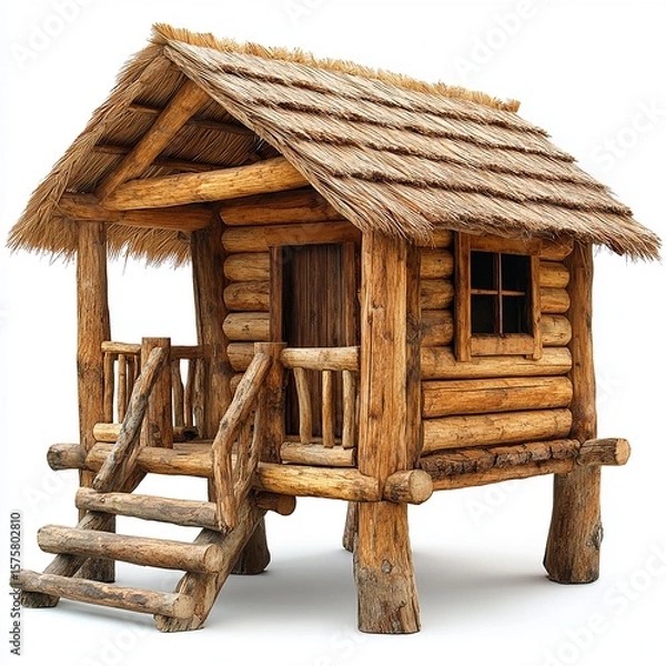 Obraz A charming wooden house with a thatched roof and rustic design.