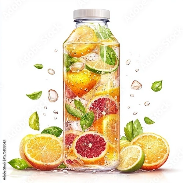 Obraz Refreshing citrus drink with vibrant fruits and herbs.