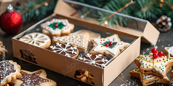 Fototapeta Christmas cookies with festive decorations in an open box

