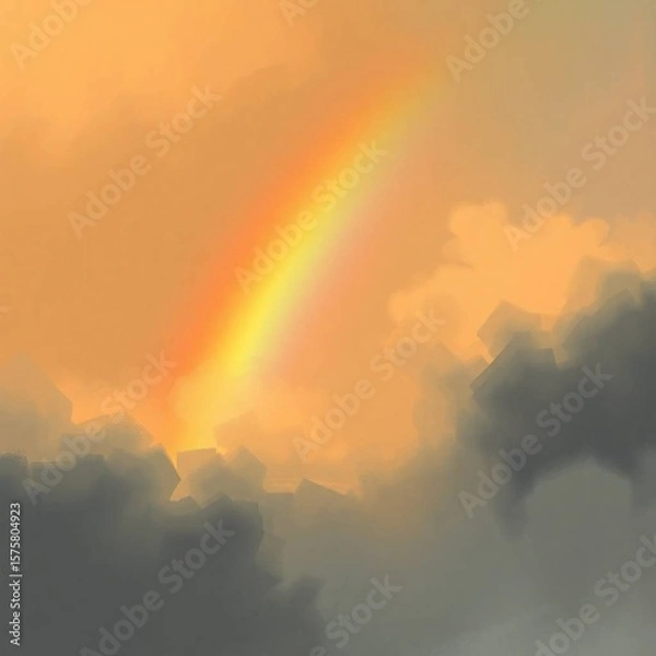 Fototapeta A digital sketch of a rainbow in a misty atmosphere, using loose painterly strokes, warm golden glow, dramatic cinematic style, and complementary epic colors, evoking a fantasy scene with a sense of m
