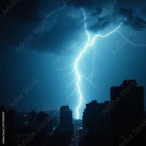 Fototapeta A cinematic depiction of lightning striking a city, dramatic lighting, film-like composition, high contrast, intense atmosphere.