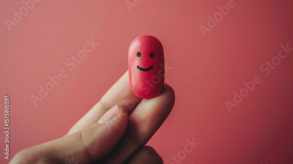 Obraz Hand holding a pill with a smiley face, symbolizing love and vitality