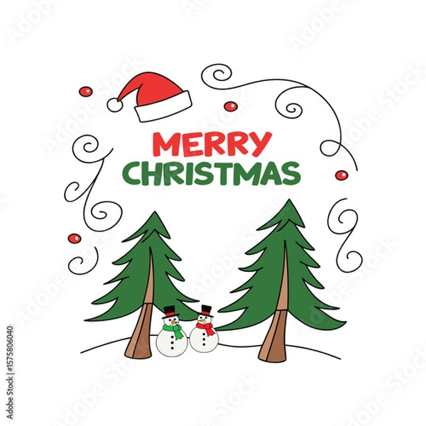 Fototapeta "Modern Flat 'Merry Christmas' Vector Banner with Pine Trees & Santa Hat"