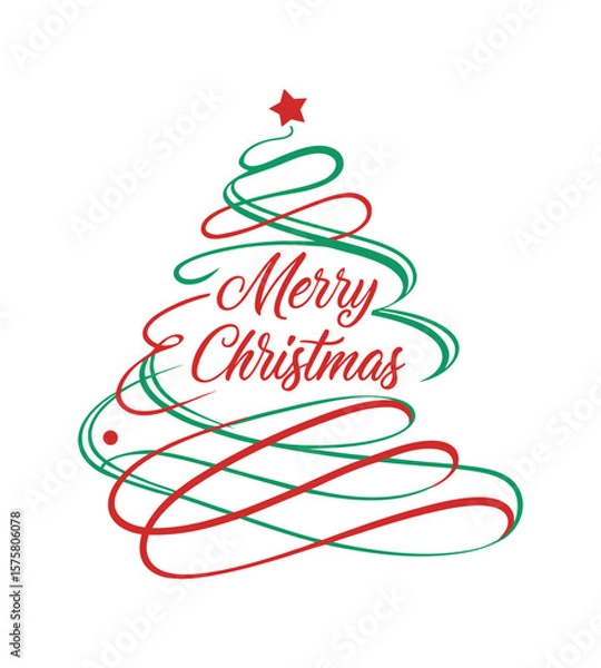 Fototapeta "Minimalist 'Merry Christmas' Vector with Red and Green Curvy Christmas Tree"