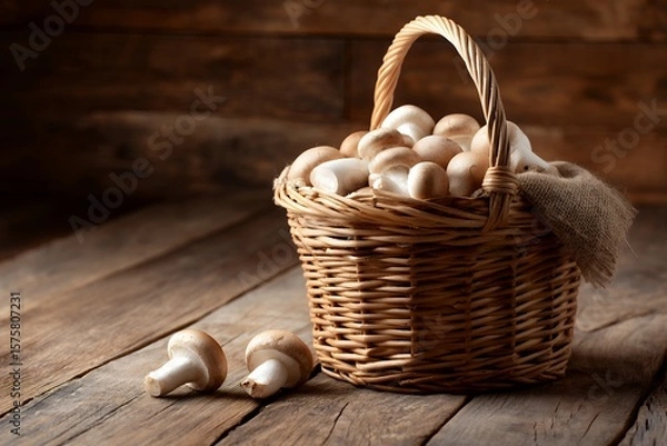 Fototapeta Fresh Mushrooms in a Rustic Basket on a Wooden Table