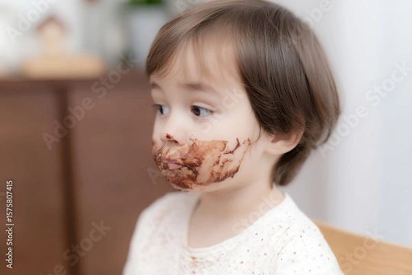 Fototapeta Toddler Enjoying Chocolate With a Messy Face in a Bright Room