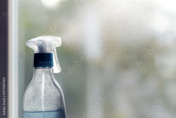 Fototapeta Close-up of Spray Bottle Releasing Mist Onto Window During Daytime