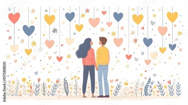 Fototapeta Couple holding hands in front of colorful heart decorations and floral elements in a romantic setting