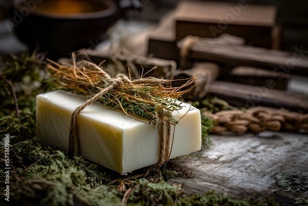 Fototapeta Natural Soap Wrapped in Dried Herbs and Twine for a Rustic Touch