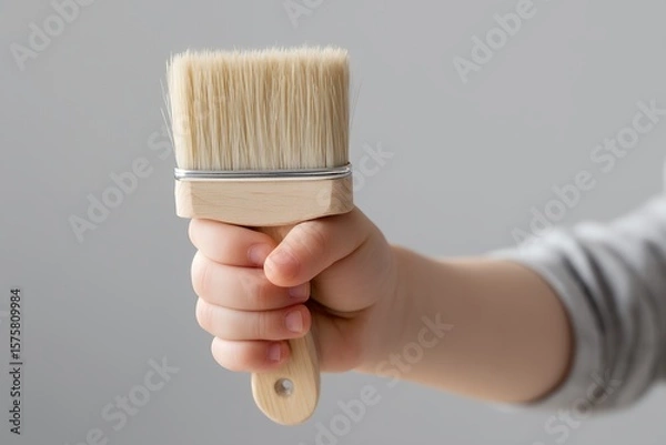 Fototapeta Toddler Explores Creativity With Paintbrush in Hand and Slight Paint Marks