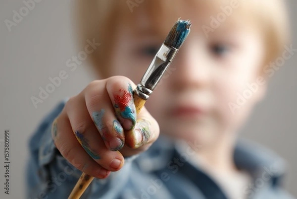 Fototapeta Toddler Painting With a Colorful Brush in a Bright Indoor Space
