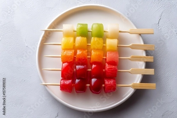 Fototapeta Colorful Fruit Skewers Arranged Neatly on a White Plate