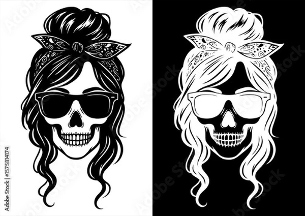 Fototapeta Skull Girl with Bandana and Sunglasses - Vector Line Art