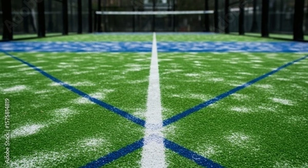 Fototapeta Vibrant green padel court with white and blue lines, net, and glass walls, ready for play