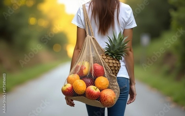 Fototapeta Choose the right direction for healthy and sustainable lifestyle with zero waste. Woman with reusable mesh bag full of fruit walking on the road from supermarket. High quality