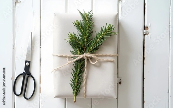 Fototapeta Zero waste stylish christmas gift. Gift wrapped in linen fabric with natural green branch on white rustic table background with fir and scissors. Plastic free holidays. High quality