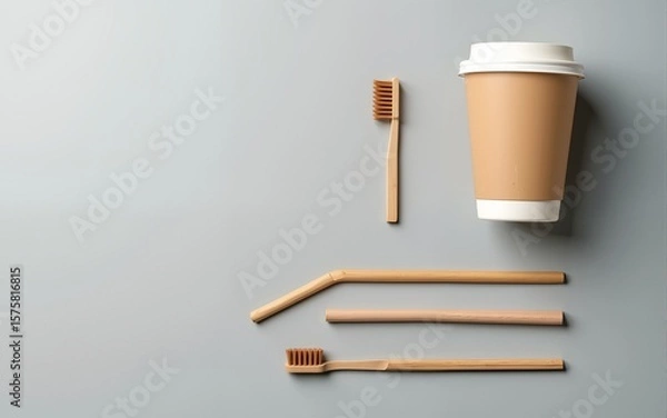Fototapeta eco natural paper cups, straws, toothbrush flat lay on gray background. sustainable lifestyle concept. zero waste, plastic free items. stop plastic pollution. Top view, overhead, template, Mockup.
