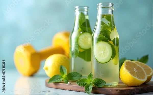 Fototapeta Lemon, cucumber and mint water in glass bottles. Sassy water for detox or dieting with fitness dumbbells in the background. Healthy eating, weight loss,  lifestyle concept. High quality