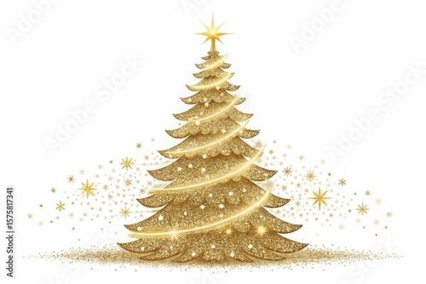 Fototapeta Set of shiny Christmas tree. Glittering lights in the form of a Christmas tree with bright shining and glowing particles. Golden glowing spruce in a luxurious design. Vector on White Background