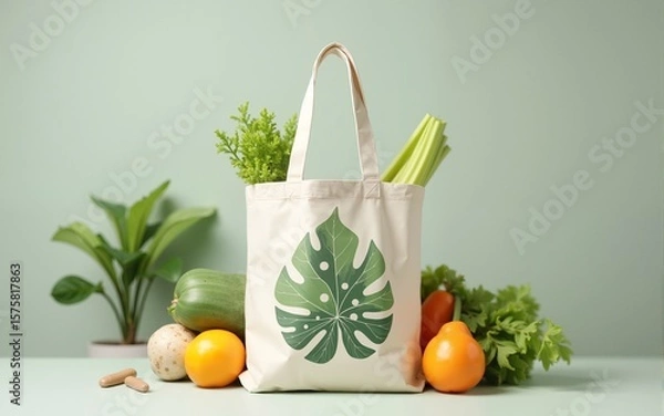 Fototapeta Reusable canvas tote bag eco-friendly sustainable shopping environmental protection durable natural fiber design ideal for groceries, featuring green leaf print and zero-waste lifestyle appeal