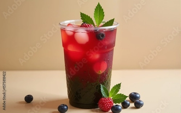 Fototapeta A fruity berry-infused iced tea served in an edible seaweed-based cup, providing a completely biodegradable and environmentally friendly way to enjoy your drink while minimizing plastic waste