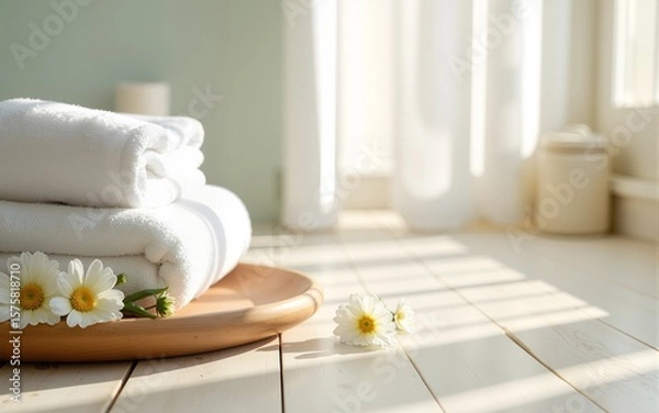 Fototapeta A soft wooden surface in a spa-like setting, featuring white towels, small flowers, and natural bathroom essentials, creating a peaceful and minimalist aesthetic for wellness or home decor