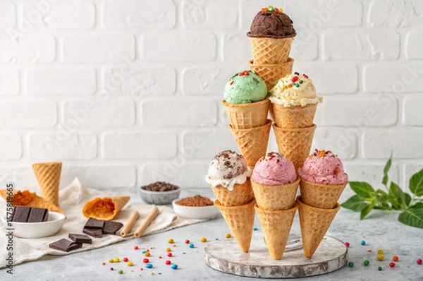 Fototapeta shows a pyramid of ice cream cones with various flavors, including chocolate, green, yellow, and pink, arranged on a wooden stand. The background features a light-colored brick wall and a few scattere