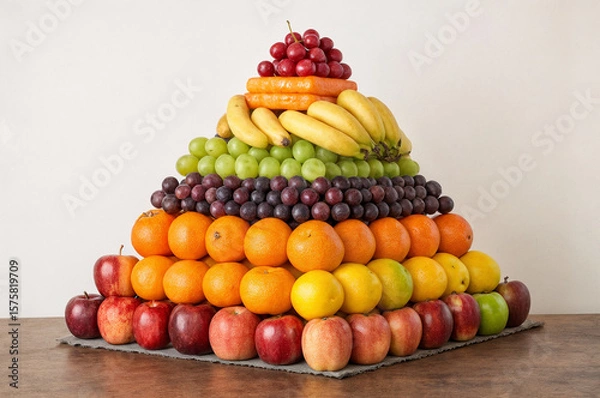 Fototapeta shows a pyramid-shaped arrangement of various fruits, including bananas, grapes, oranges, apples, and lemons, placed on a wooden table. The fruits are stacked in a colorful, rainbow-like manner, with 