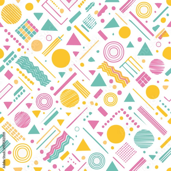 Fototapeta Bright pattern of squiggles, circles, triangles, and lines, 1980s Memphis style retro pop