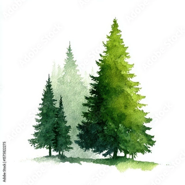 Obraz Beautiful watercolor depiction of evergreen trees in varying shades of green showcasing nature's tranquility