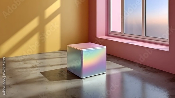 Fototapeta A holographic cube sits on a concrete floor in a room with yellow and pink walls illuminated by sunlight streaming through a window