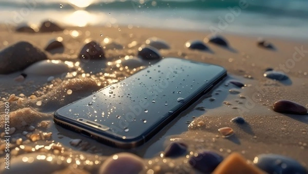 Fototapeta Waterproof Smartphone on Beach: Durable Tech in Sandy Wet Environment