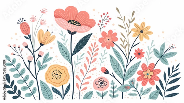 Fototapeta Floral vector illustration with pastel flowers and leaves for spring background design element art