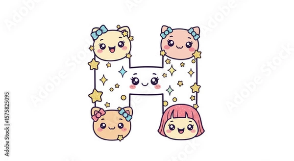 Fototapeta Vector cute kawaii letter h alphabet with cats and stars for kids learning and educational resources vector art