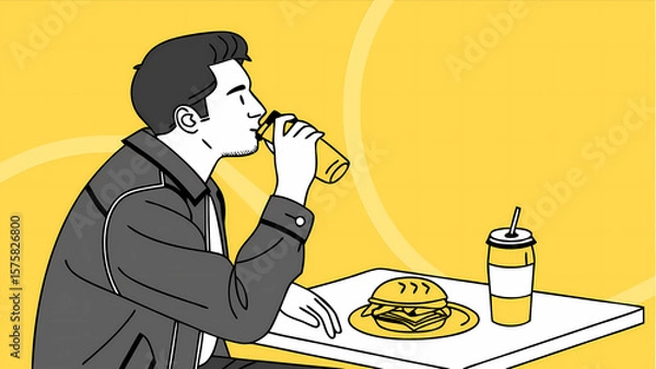 Fototapeta Illustration of man enjoying burger meal with drink at restaurant fast food lunch break concept