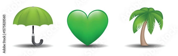 Fototapeta 3 emoticons isolated on white background. Green color heart, umbrella, palm vector emoji illustration. 3d illustration set.