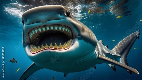 Fototapeta Predatory Great White Shark: Close-Up Underwater View with Open Jaws
