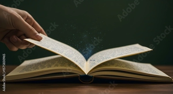 Obraz Hand Turning Page of Magical Glowing Book on Wooden Table