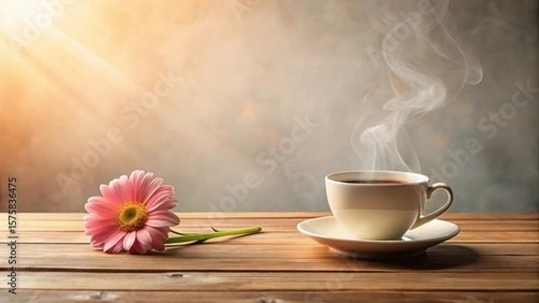 Fototapeta Aromatic coffee steaming gently beside a delicate pink flower on a rustic wooden table, bathed in warm sunlight