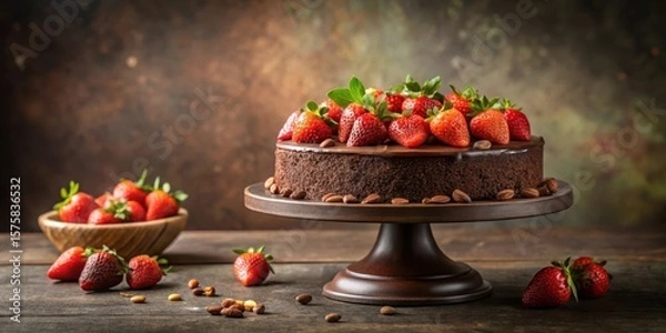 Fototapeta A decadent chocolate cake, adorned with fresh strawberries and almonds, sits elegantly on a dark wooden cake stand.  The rich, dark background enhances the vibrancy of the dessert.