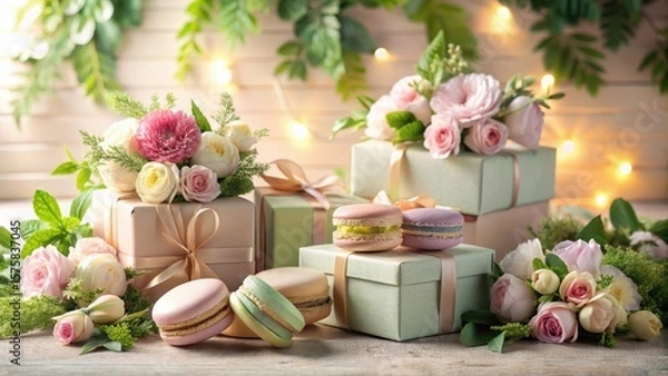Fototapeta Delightful pastel-colored macarons and elegantly wrapped presents adorned with fresh spring blossoms, creating a festive and celebratory scene.