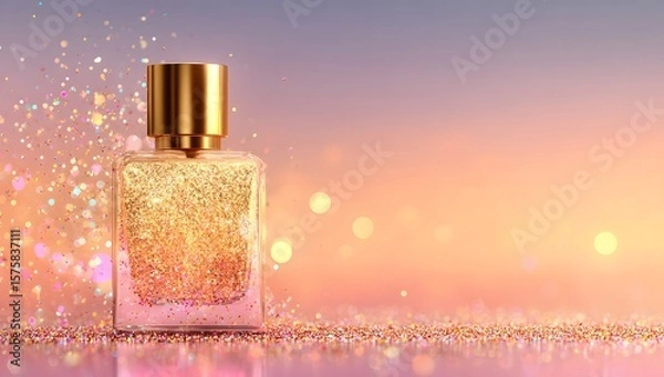 Obraz Golden Topped Fragrance Bottle Shimmers in Dreamlike Light