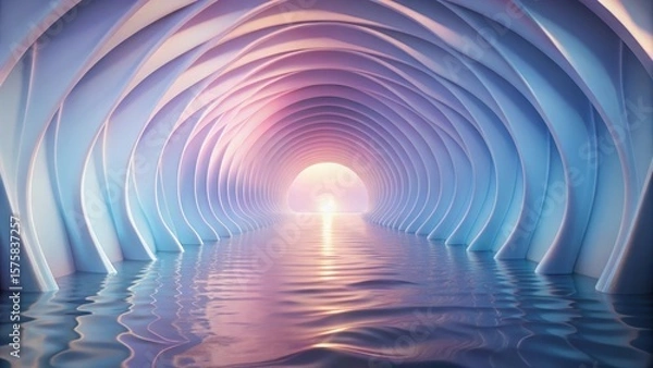 Fototapeta Serene Passageway An Abstract Vision of Tranquil Waters Reflecting a Gentle Sunrise Through a Dreamlike Architectural Tunnel