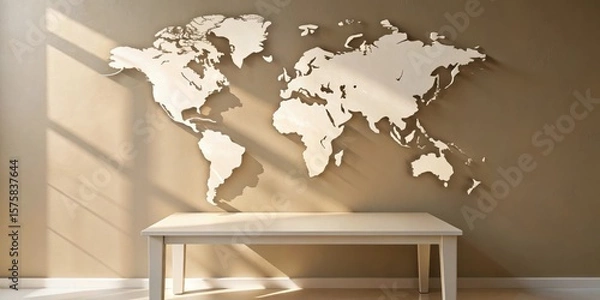 Fototapeta Sunlit Room with World Map Wall Decor and Empty Table Ready for Display