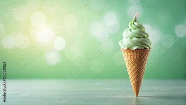 Fototapeta Refreshing Mint Ice Cream Cone on a Wooden Surface with a Green Background