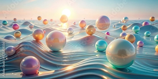 Fototapeta Serene Sunset Over a Landscape of Iridescent Spheres Resting on Gentle Undulating Waves