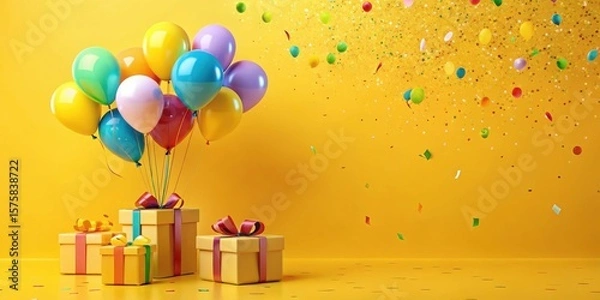 Fototapeta Joyful Celebration A Cluster of Colorful Balloons Ascends Above a Trio of Gift Boxes, Surrounded by Festive Confetti on a Vibrant Yellow Background
