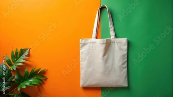 Fototapeta A Blank Tote Bag on Vibrant Orange and Green Background with Lush Tropical Foliage