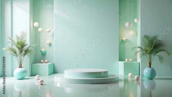 Fototapeta Serene Minimalist Studio Display with Two-Tiered Pedestal, Potted Plants, and Suspended Orb Lights